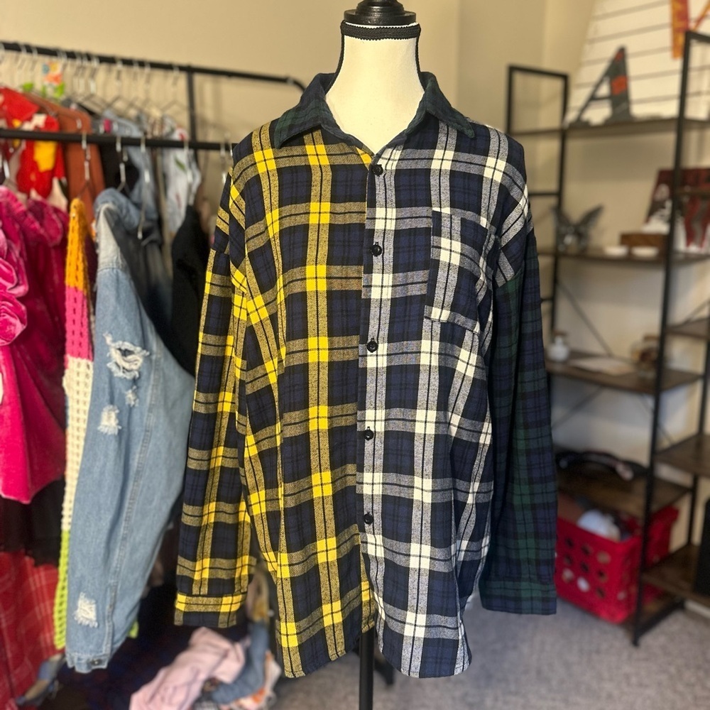 Men's Plaid Patchwork Shirt Flannel - Picture 2 of 5